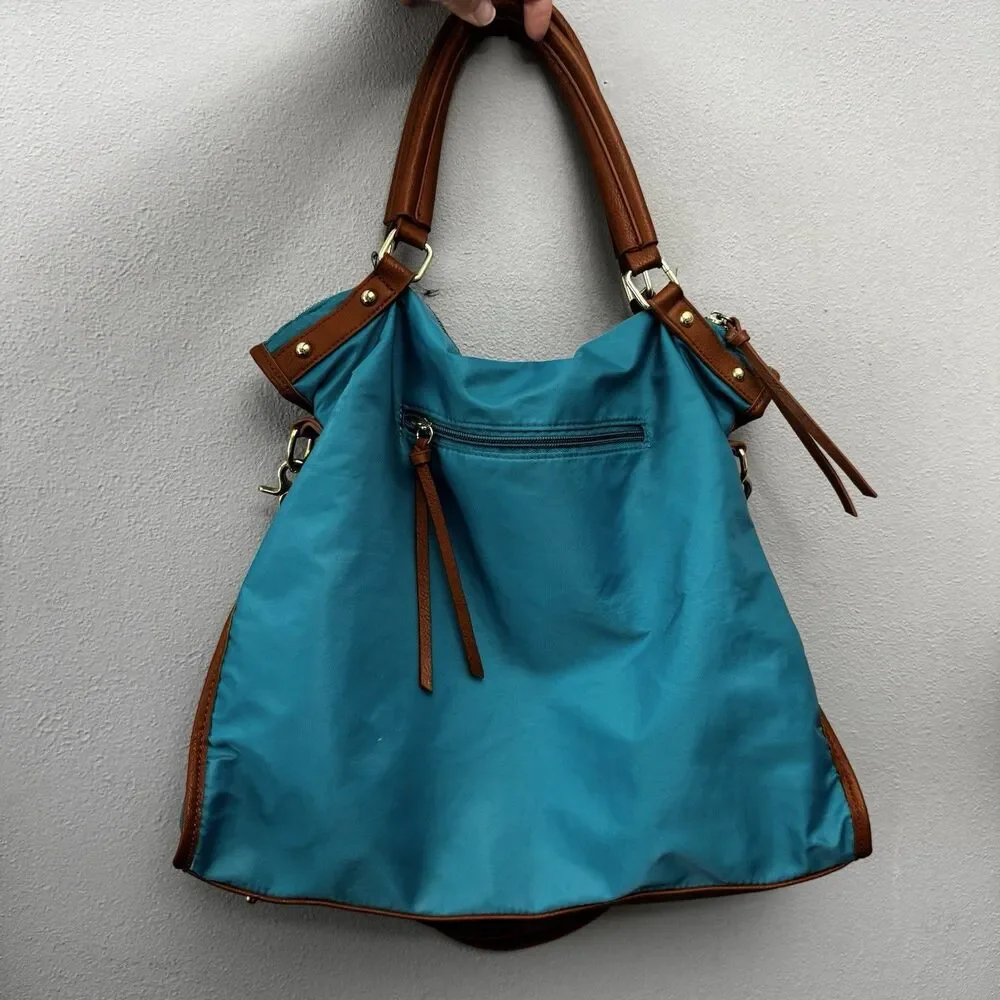 Charming Charlie Turquoise Nylon Convertible Shoulder Bag Tote Striped Lining